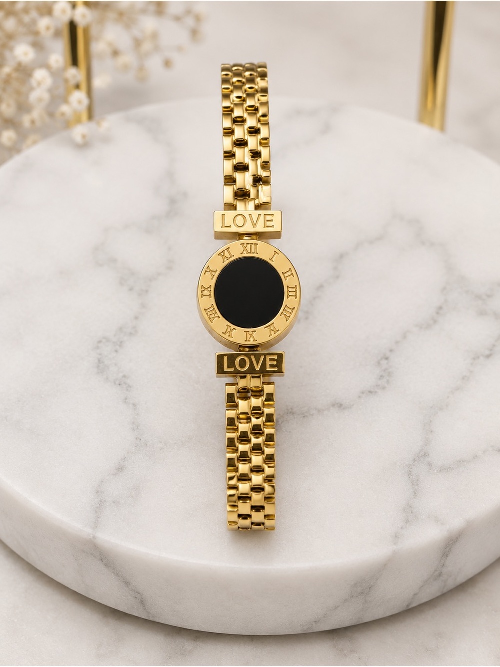 Gold-Plated Stainless Steel Love Bracelet Watch with Black Dial